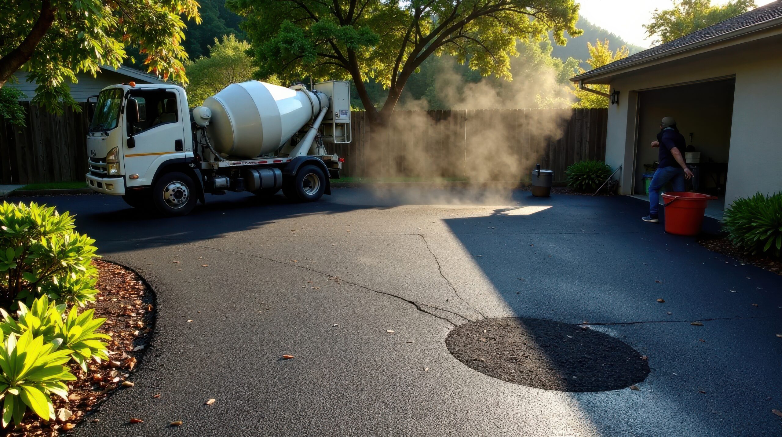A cement mixer is spraying water on a driveway.